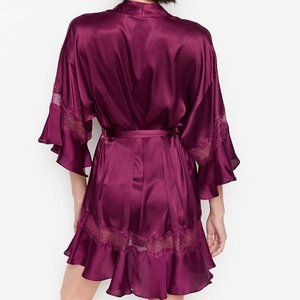 Victoria's Secret plum satin lace flounce robe NWT